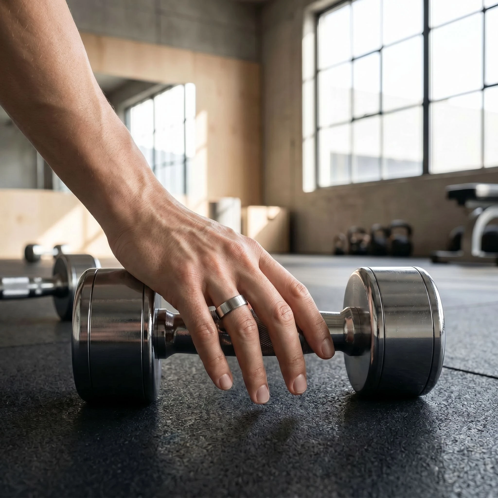 Detail Hand greift Hantel — Workout mit MYnextRING SKY